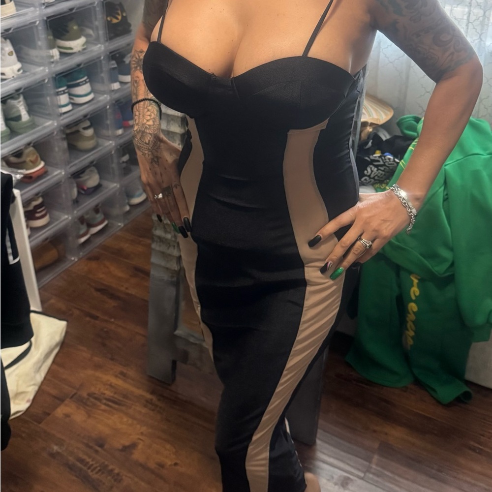 SHEIN Black and Tan Strapless Bodycon Dress
